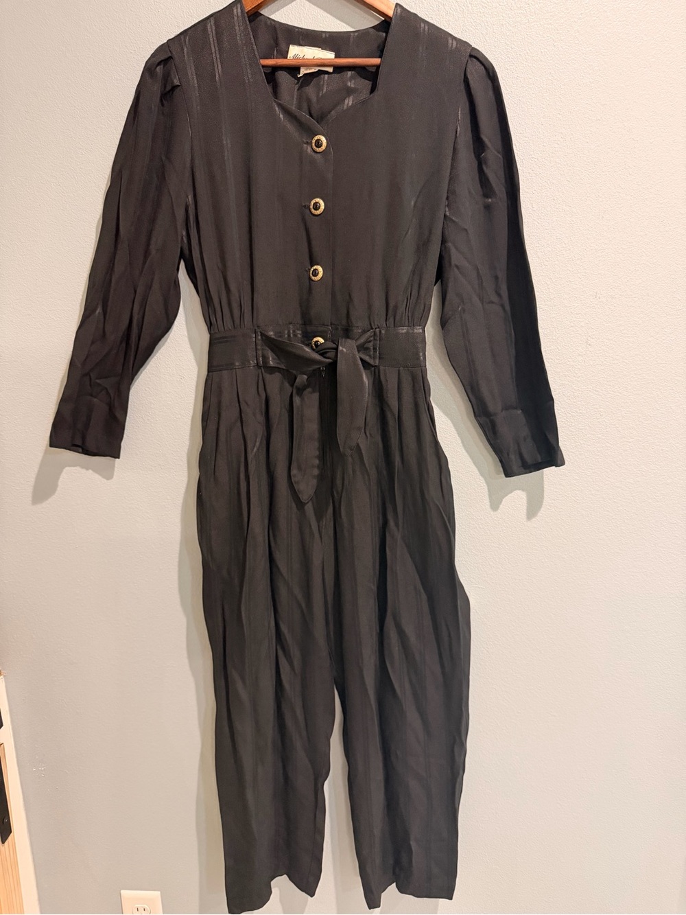Vintage Michael Blake Women's Black Shine Abstract Button-Front Belted Jumpsuit